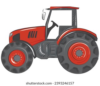 Red tractor for agricultural industry farmers and farming. Ideal for harvesting and field work. Vector illustration.