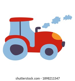 Red tractor with blue windows and wheels. Yellow headlights. Smoke clouds from exhaust pipe. Cartoon doodle style. Agriculture or horticulture. Countryside or rural transport. Agricultural machinery