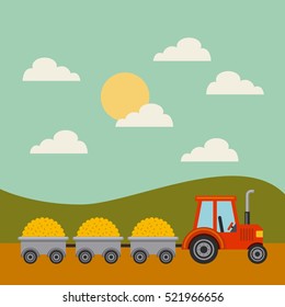 red tractor carrying corn in wagons on farm landscape. colorful design. vector illustration