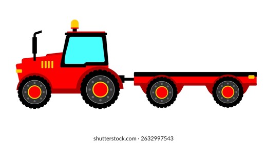 Red tractor clip art side view cartoon style. Tractor empty wagon. Agriculture vehicle or tractor illustration for kids editable vector. Farming transportation