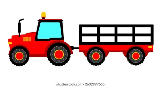 Red tractor clip art side view cartoon style. Tractor black empty wagon. Agriculture vehicle or tractor illustration for kids editable vector. Farming transportation