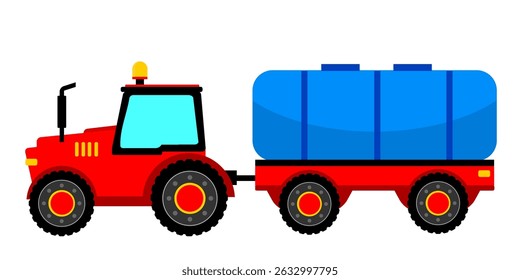 Red tractor clip art side view cartoon style. Tractor blue water wagon. Agriculture vehicle or tractor illustration for kids editable vector. Farming transportation