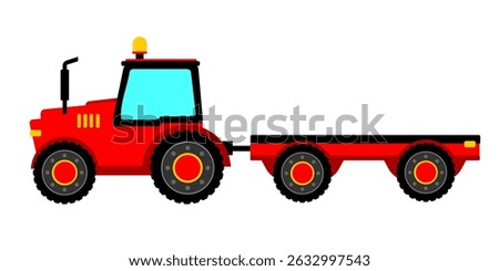 Red tractor clip art side view cartoon style. Tractor empty wagon. Agriculture vehicle or tractor illustration for kids editable vector. Farming transportation