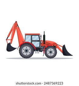 red Tractor, excavator, bulldozer icon isolated on white background. Vector illustration in flat design