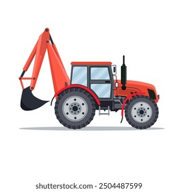 Icono rojo del excavador del tractor aislado en el fondo blanco. Ilustración vectorial en diseño plano