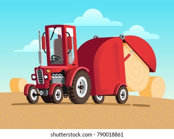 Red tractor goes on the field to gather hay in rolls. Agricultural machinery for harvesting