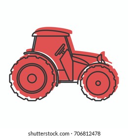 Red tractor icon in doodle style vector illustration for design and web isolated on white background. Red tractor vector object for labels and advertising