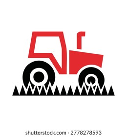 Red tractor icon driving through grass field landscape illustration