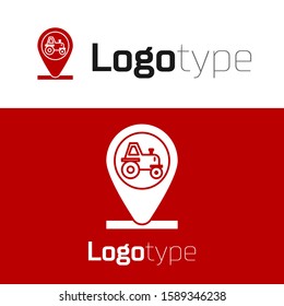 Red Tractor and location icon isolated on white background. Logo design template element. Vector Illustration