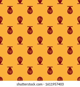 Red Tractor and location icon isolated seamless pattern on brown background.  Vector Illustration