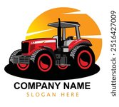 red tractor logo vector illustration with twilight background