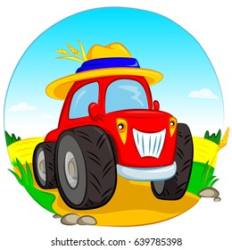 red tractor on a background of yellowed fields