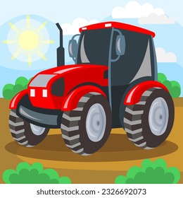 Red tractor on field during cultivation work - vector image. Agriculture and rural concept 