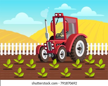 Red tractor on the field. Planting on the farm. The harvest in the garden. A fenced place. Vector agricultural vehicles