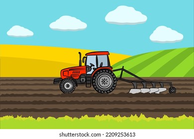 Der rote Traktor auf dem Feld. Traktor, der das Feld auf ländlichem Landschaftshintergrund pflügt. Bodenanbau. Landschaftliche Landschaft. Bauernland, Vektorgrafik.