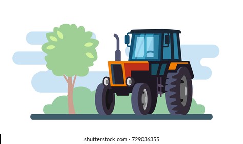 Red tractor on landscape in flat design. Vector