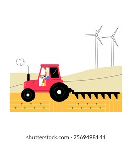 Red Tractor On A Wheat Field With Wind Turbines In Flat Vector Illustration Symbolizing Farming, Agriculture, And Renewable Energy, Isolated On White Background.