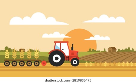 Red tractor pulling agricultural harvesting machinery through a wheat field during sunset with a barn in the distance.