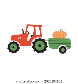 A red tractor with a pumpkin in a cart. Vector illustration in cartoon style on a white background. Harvesting concept. Autumn subject 