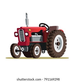 Red tractor in retro style with trumpet on white background. Equipment for the farm. Agricultural transport. Car with big wheels