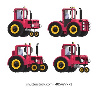 Red tractor set. Vector tractor. Agricultural transport. Big wheels. Self-moving car. Farmer equipment. Vector car.