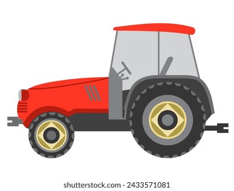 Red tractor side view on white background. Agricultural tractor, farm transport in flat style. Farm tractor icon. Tractor icon vector illustration.  Isolated on white background.