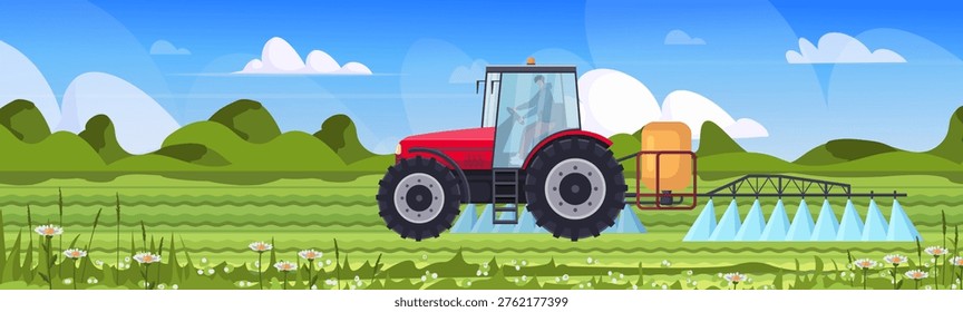 Red tractor spraying crops in a green farm field under blue sky. Modern irrigation and farming technology. Farmer work season. Vector Not AI generated.