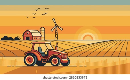 Red tractor stands on a golden wheat field during sunset with a barn, silo, and windmill in the background.