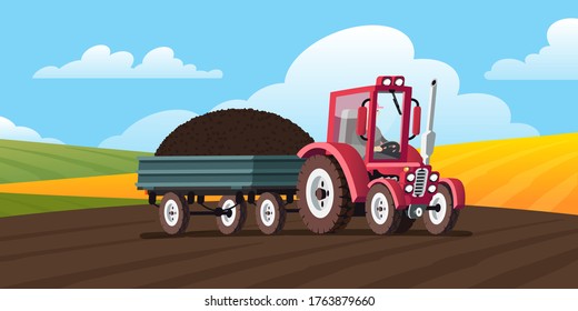 Red tractor with a trailer carries black soil. Rural landscape with fields. Agricultural machinery. Vector illustration in cartoon style.