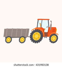 Red tractor with trailer. Toy tractor. Cartoon farm tractor. Vector hand drawn eps 10 illustration isolated on white background.