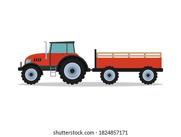 Un tractor rojo con un remolque para el transporte de grandes cargas. Maquinaria agrícola en forma de caricatura plana aislada de fondo blanco