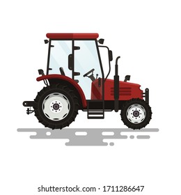 Ilustración del vector del tractor rojo. Maquinaria agrícola vista lateral aislada en fondo blanco.