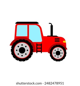 Red tractor vector on white background. Agricultural tractor side view. Agricultural machinery in flat cartoon. Clip art transportation for kids edcation or social media post