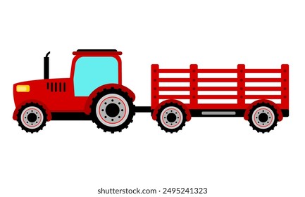 Red tractor vector on white background. Agricultural tractor side view. Agricultural machinery in flat cartoon. Tractor with red wood wagon or trailer cargo. Tractor Clip Art