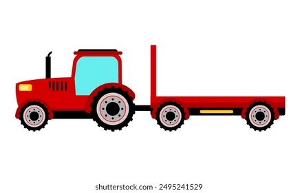 Red tractor vector on white background. Agricultural tractor side view. Agricultural machinery in flat cartoon. Tractor with red empty wagon or trailer cargo illustration. Tractor Clip Art