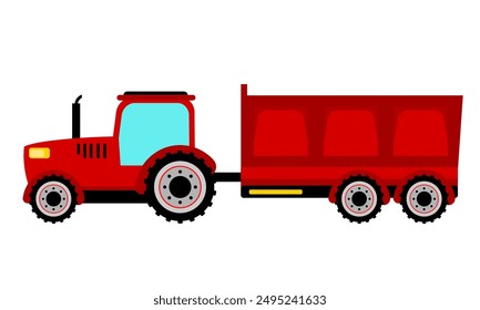 Vector de tractor rojo sobre fondo blanco. Vista lateral del tractor agrícola. Maquinaria agrícola en caricatura plana. Tractor con la ilustración roja del carro de volcado grande o de la carga del remolque. Arte de Clip de tractor
