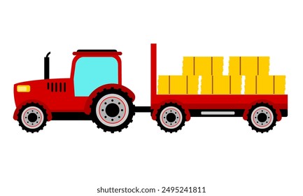 Red tractor vector on white background. Agricultural tractor side view. Agricultural machinery in flat cartoon. Tractor with red black wagon and wheat bale or trailer cargo illustration. Tractor Clip 