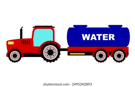 Vector de tractor rojo sobre fondo blanco. Vista lateral del tractor agrícola. Maquinaria agrícola en caricatura plana. Tractor con vagón de agua o remolque ilustración de carga. Arte de Clip de tractor
