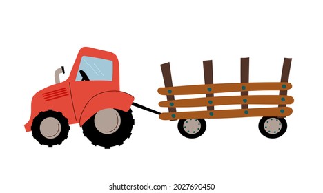 
Red tractor with wooden trailer