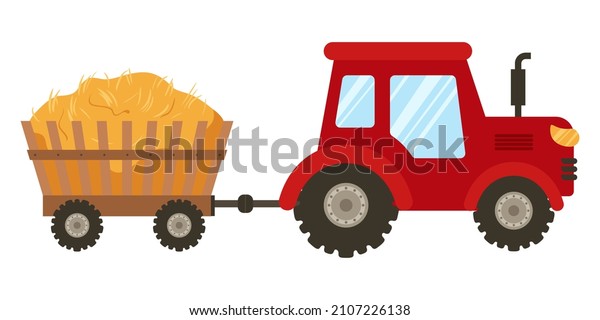 Red tractor\
with wooden trailer with straw, agricultural equipment in cartoon\
style isolated on white background. Country car, with a harvest.\
Vector illustration in stripe\
style.