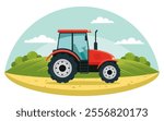Red tractor working in the field. Tractor on the background of the landscape. Vector illustration. Flat design