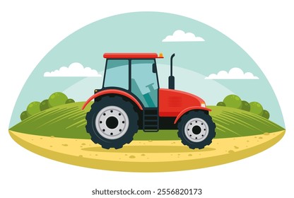 Red tractor working in the field. Tractor on the background of the landscape. Vector illustration. Flat design