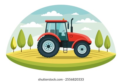 Red tractor working in the field. Tractor on the background of the landscape. Vector illustration. Flat design