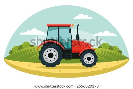Red tractor working in the field. Tractor on the background of the landscape. Vector illustration. Flat design