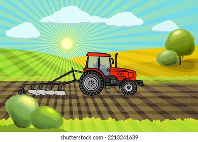 El tractor rojo trabajando en el campo. Tractor arando el campo en el fondo de la colina. Proceso de cultivo del suelo. Paisaje del campo. Los rayos del sol atraviesan el paisaje. Ilustración vectorial.