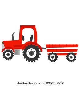 Red tractore in cartoon style isolated on white background, farm transport, rural lifestile concept for children books