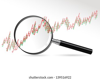 Red trading graph under magnifier glass