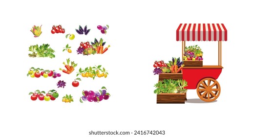 Red trading tray on wheels with vegetables. Boxes with fruits and herbs. Striped canopy. Cartoon style, Vector illustration.