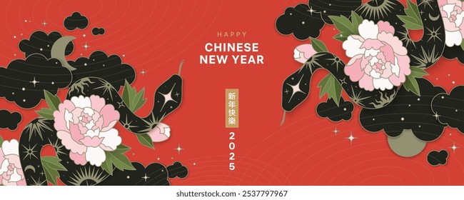 Banner tradicional vermelho com cobras, nuvens, estrelas, flores e hieroglifos significa Ano Novo Cobra. Ano Novo Chinês 2025 com símbolo de ano da Cobra. Design de vetor chinês com cobra. Conceito lunar.