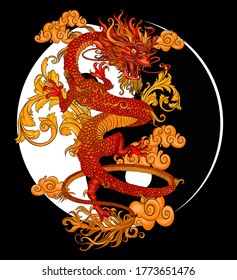 red traditional Chinese dragon symbol and Yin Yan on a black background  vector illustration